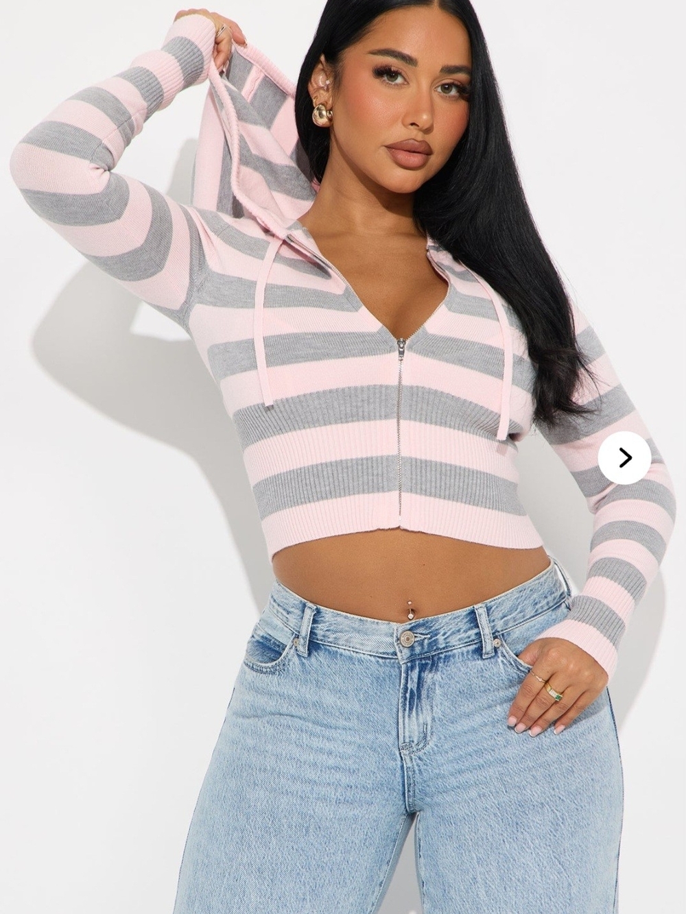Fashion Nova Pink & Gray Striped Hooded Zip Crop Top